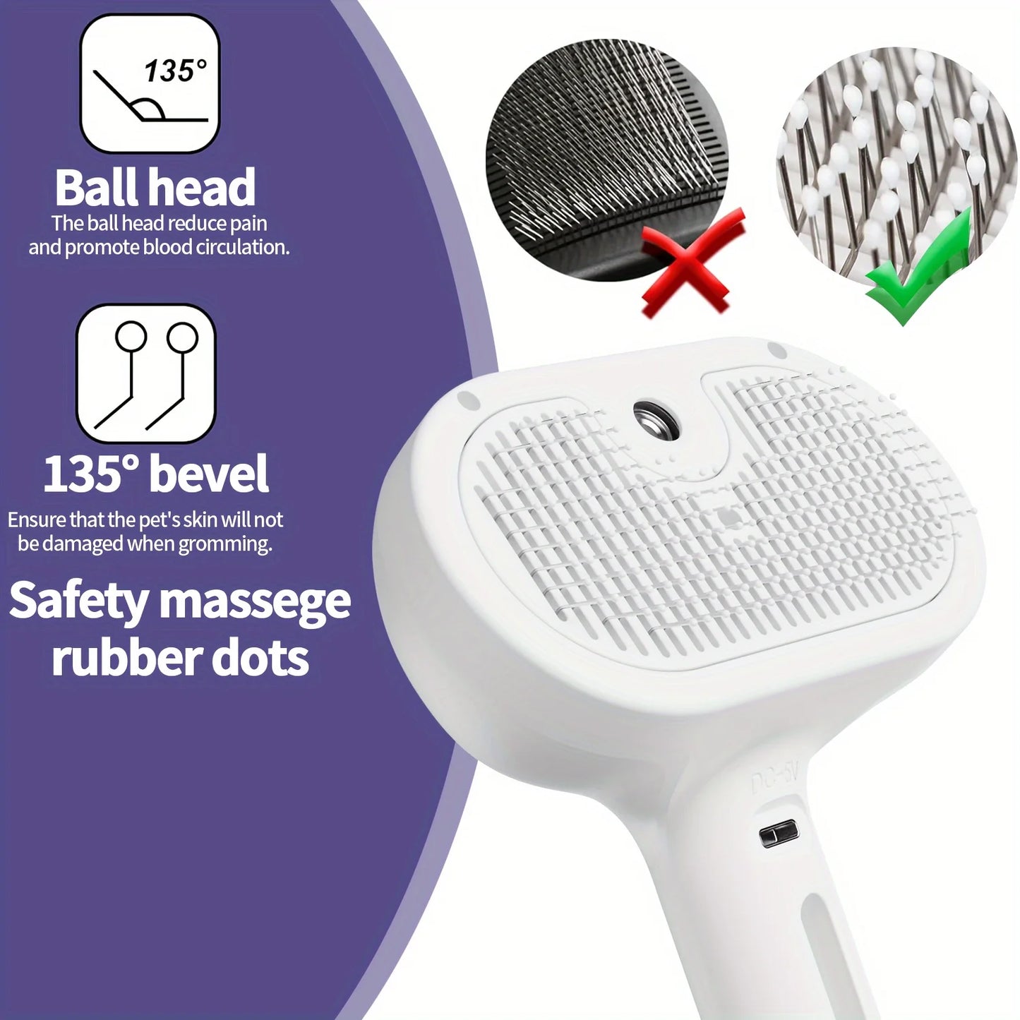PetPro Antistatic Steam Brush for Cats and Dogs, Self-Cleaning Grooming Comb with Stainless Steel Bristles, Plastic Massage Dots