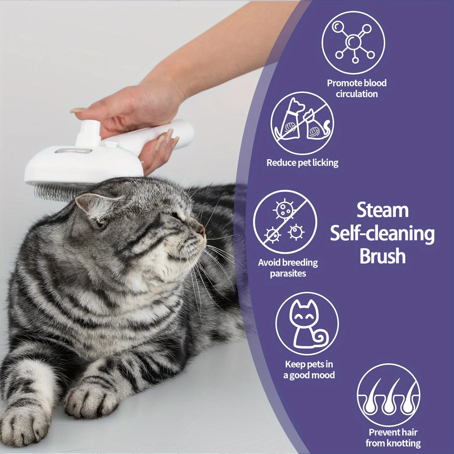 PetPro Antistatic Steam Brush for Cats and Dogs, Self-Cleaning Grooming Comb with Stainless Steel Bristles, Plastic Massage Dots