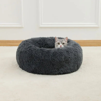 Lyxig Rund Kattbädd i Mjuk Långhårig Plysch – Bekväm Sovplats för Katter